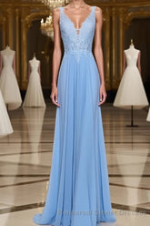 A-Line/Princess Spaghetti Straps Floor-Length Chiffon Semi Formal Prom Dresses With Appliques Lace